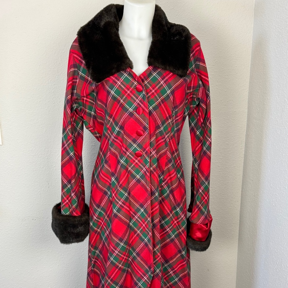 Vtg Victoria Secret Red & Black Plaid Full Length Coat/Robe Faux Fur Collar M/L